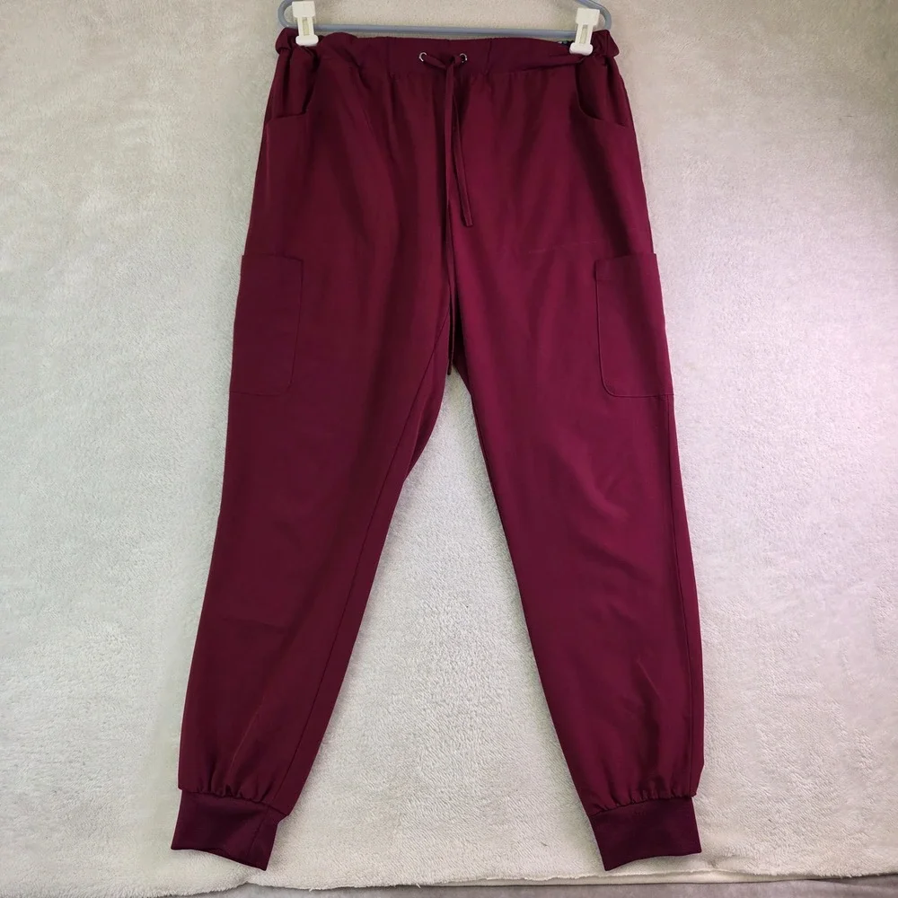Bhu Flex Womens Burgundy Scrub Set V-Neck Top Jogger Pants Wine Large